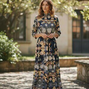 FT Inc Maxi Dress Womens M Floral Prairie Lagenlook Boho Cottagecore Hippie